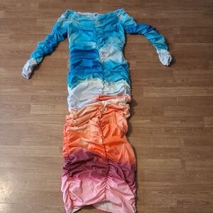 Ombre Rainbow Off-Shoulder Ruched Maxi Dress XL